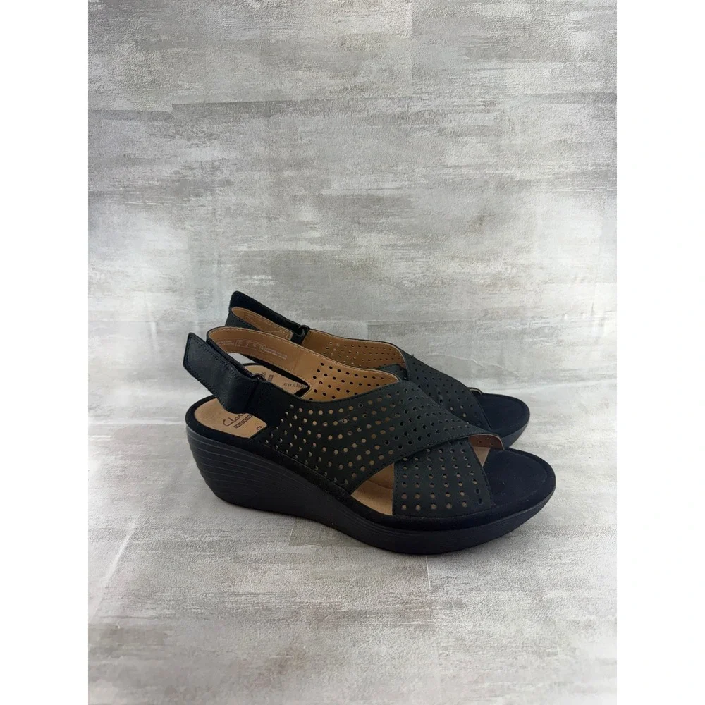 Clarks Collection Black Perforated Wedge Sandals Women Sz 8M Cushion Soft Shoes